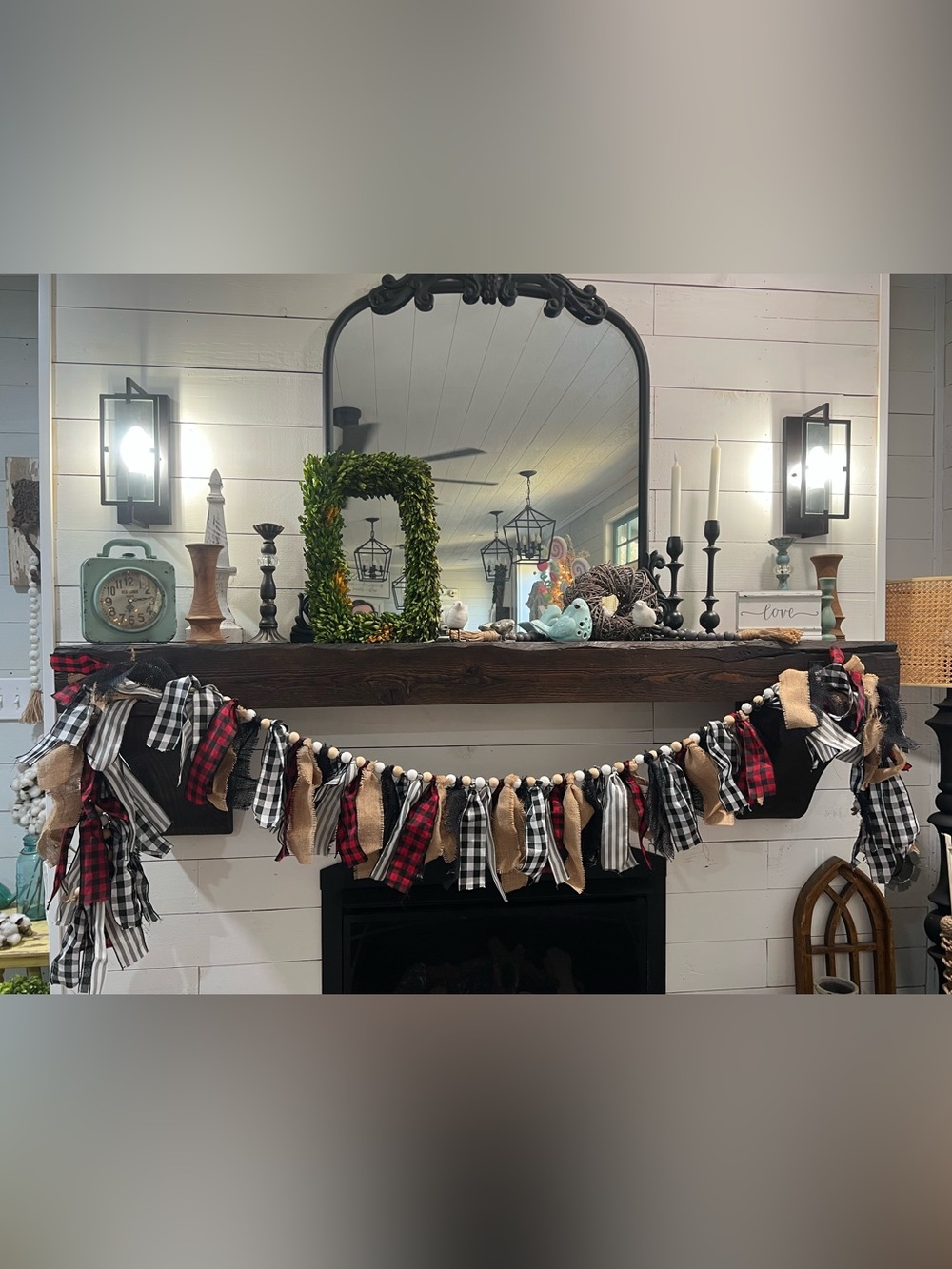 Plaid and Burlap Holiday Mantel Garland - Black, Red, Cream